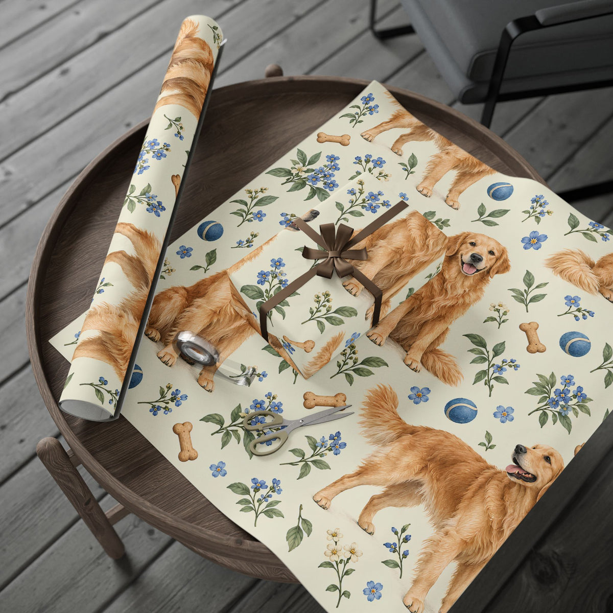 Dog Floral Wrapping Paper — Golden Retriever Gift Wrap (Floral Pattern)