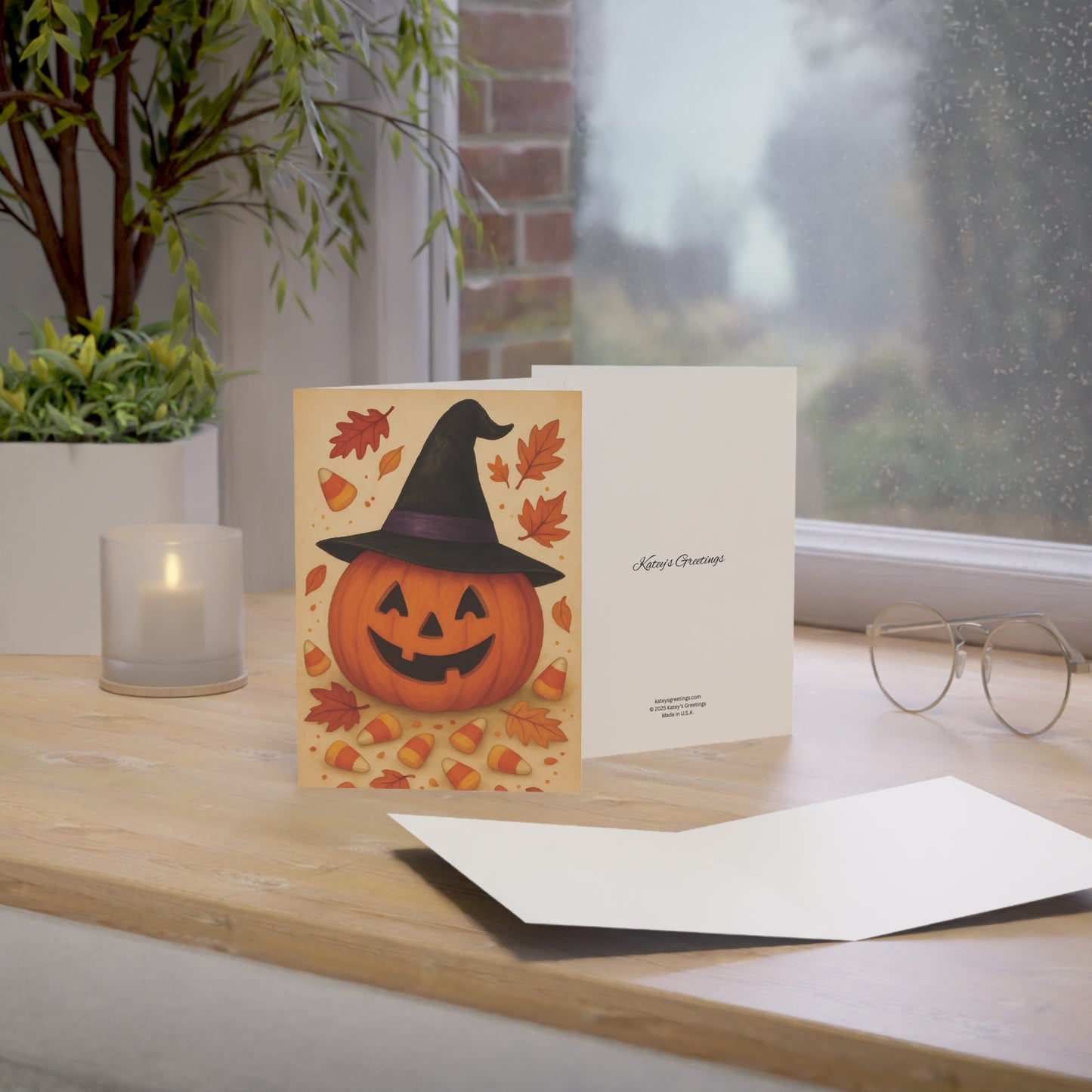 Halloween Card – Smiling Jack-O’-Lantern with Witch Hat & Candy Corn – Premium 270gsm Card + Envelope