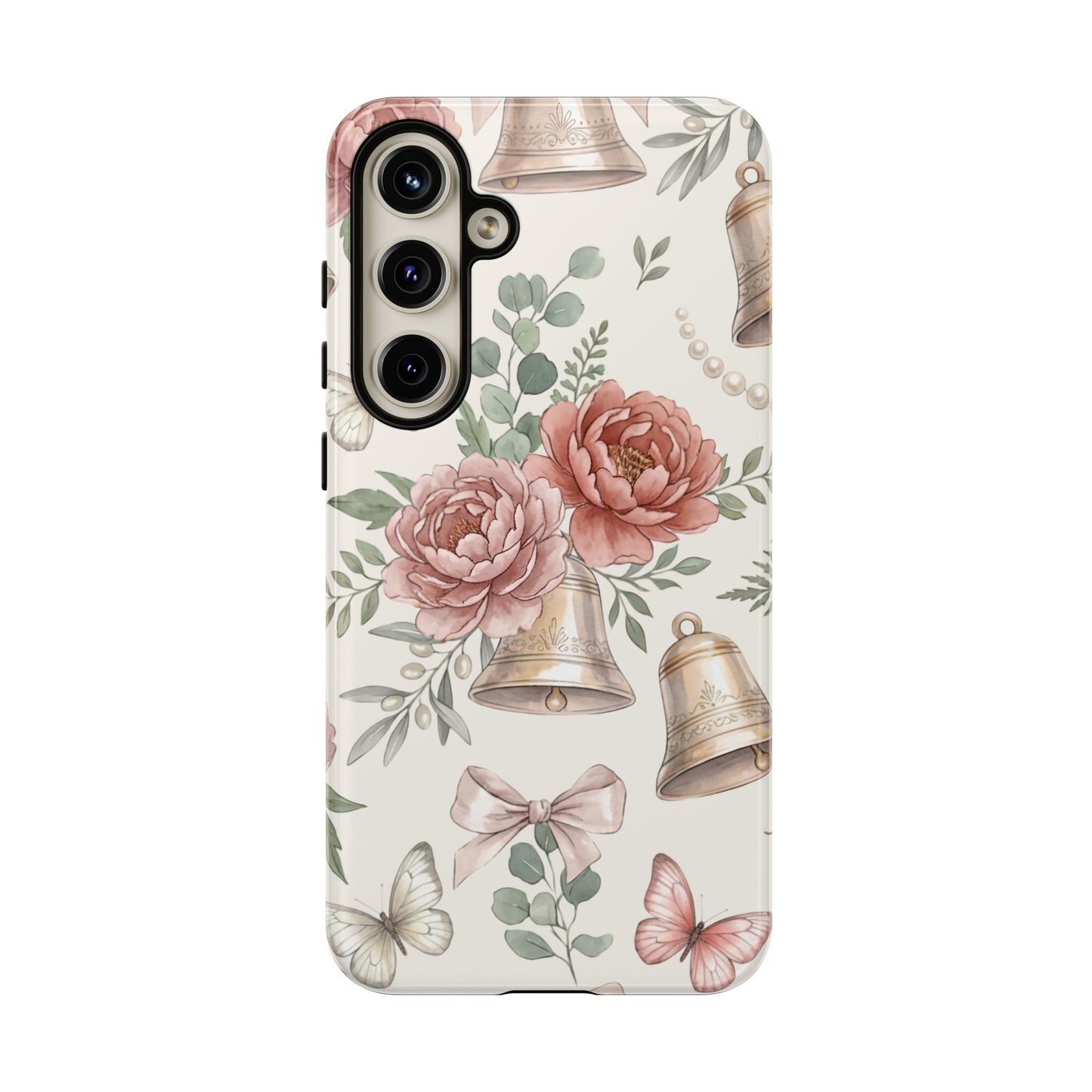 Floral Wedding Bells Phone Case — Vintage Roses, Butterflies & Bow Protective Tough Case