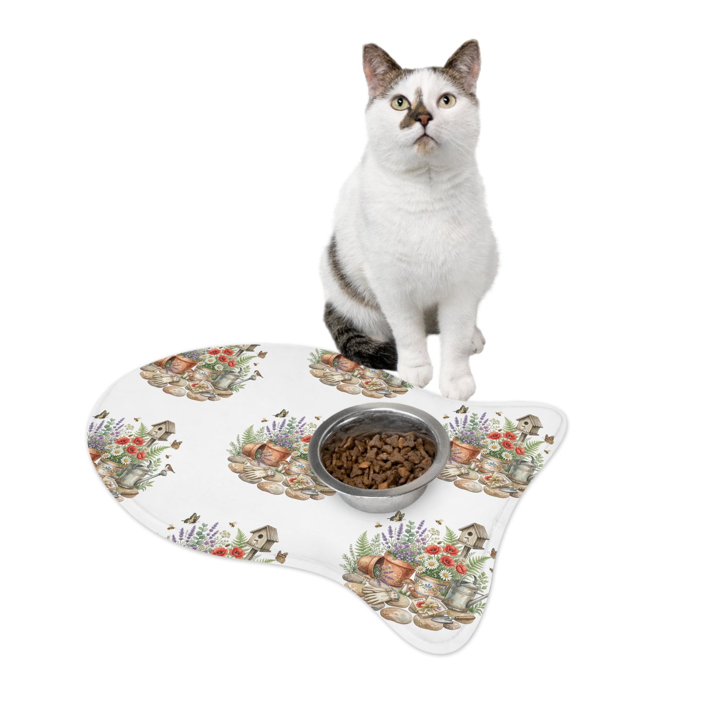 Floral Garden Pet Feeding Mat — Watercolor Birdhouse & Flowers