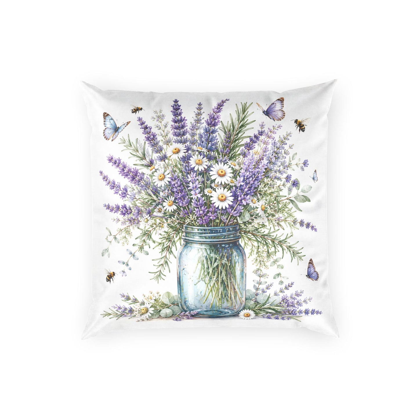Lavender & Daisies Mason Jar Pillow — Floral Velvet Throw Cushion