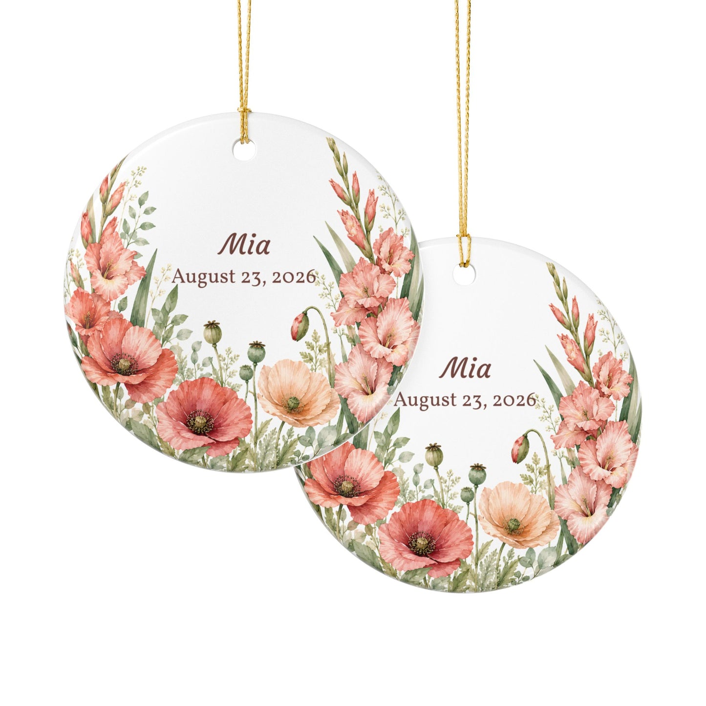 Personalized Floral Ceramic Ornament – Custom Name & Date Poppy Wreath