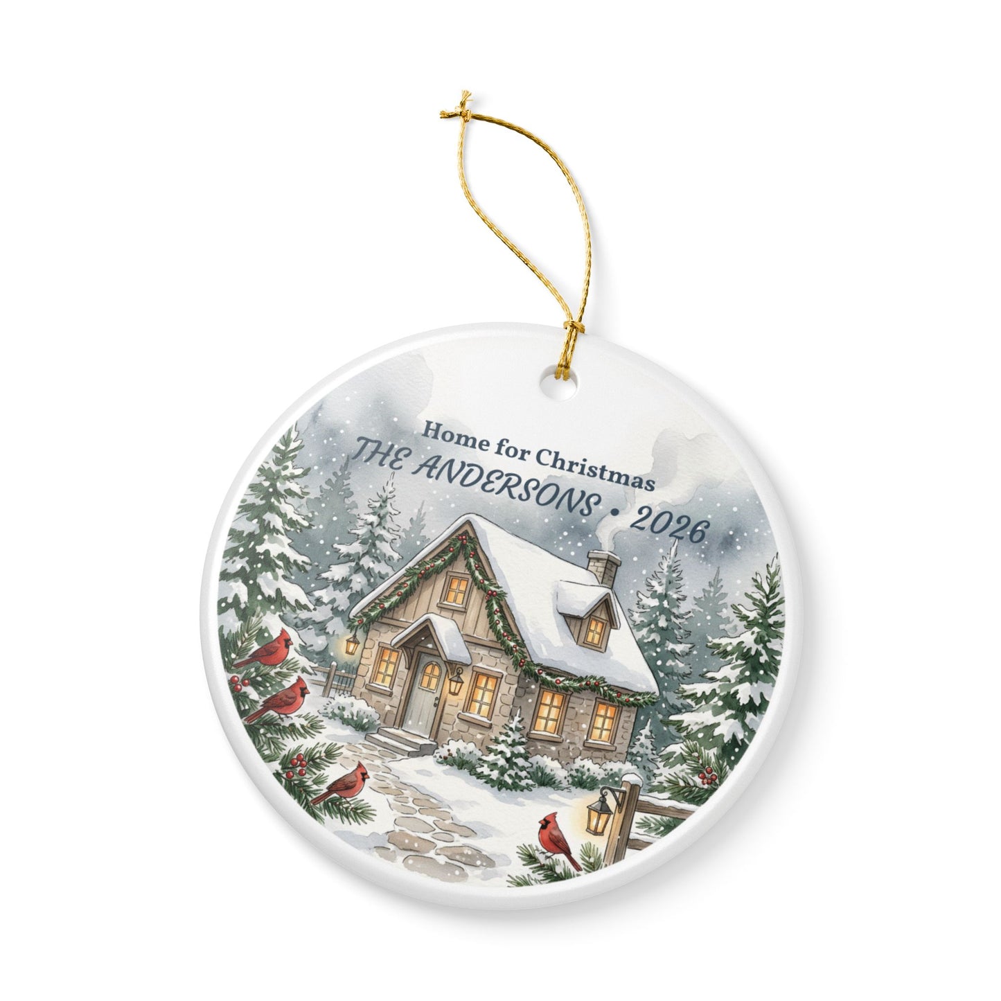 Personalized Ceramic Christmas Ornament - 'Home for Christmas' Snowy Cottage, Family Name & Year
