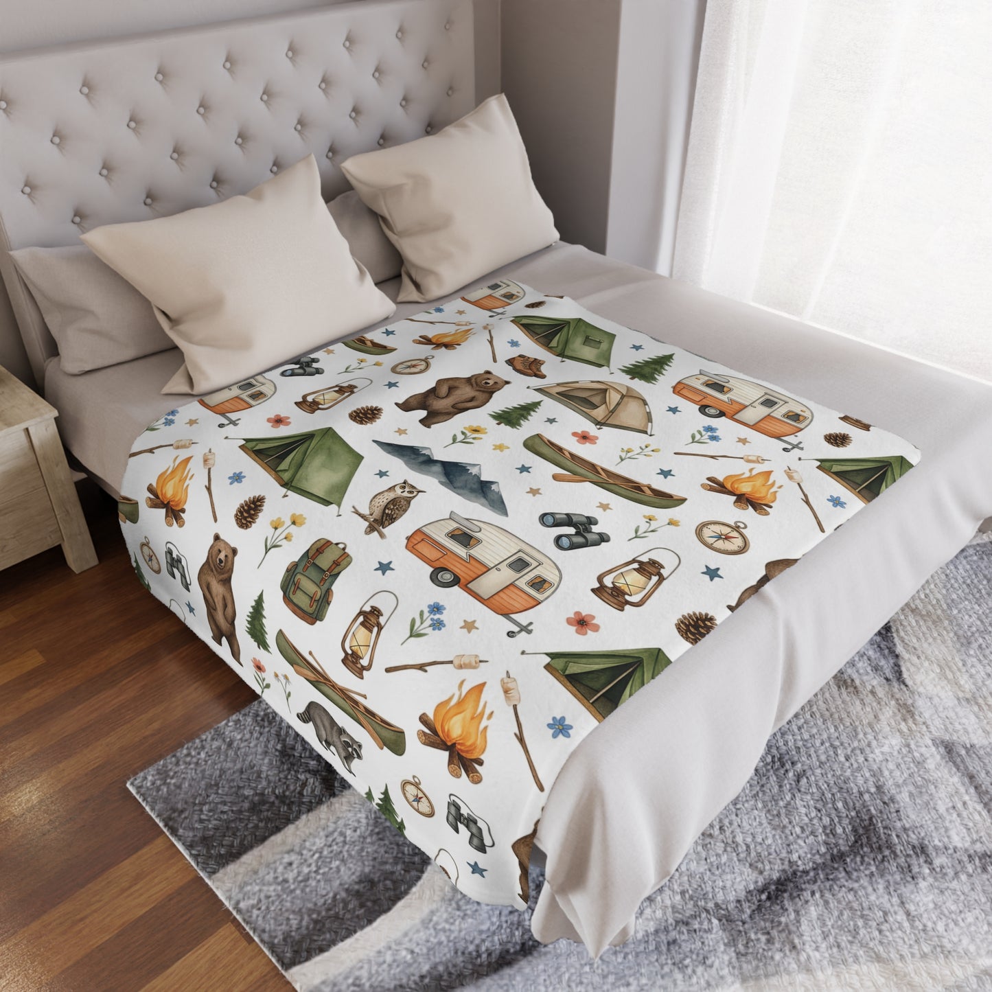 Camping Pattern Minky Blanket — Cozy Outdoor Adventure Throw with Tents, Campfire & Wildlife