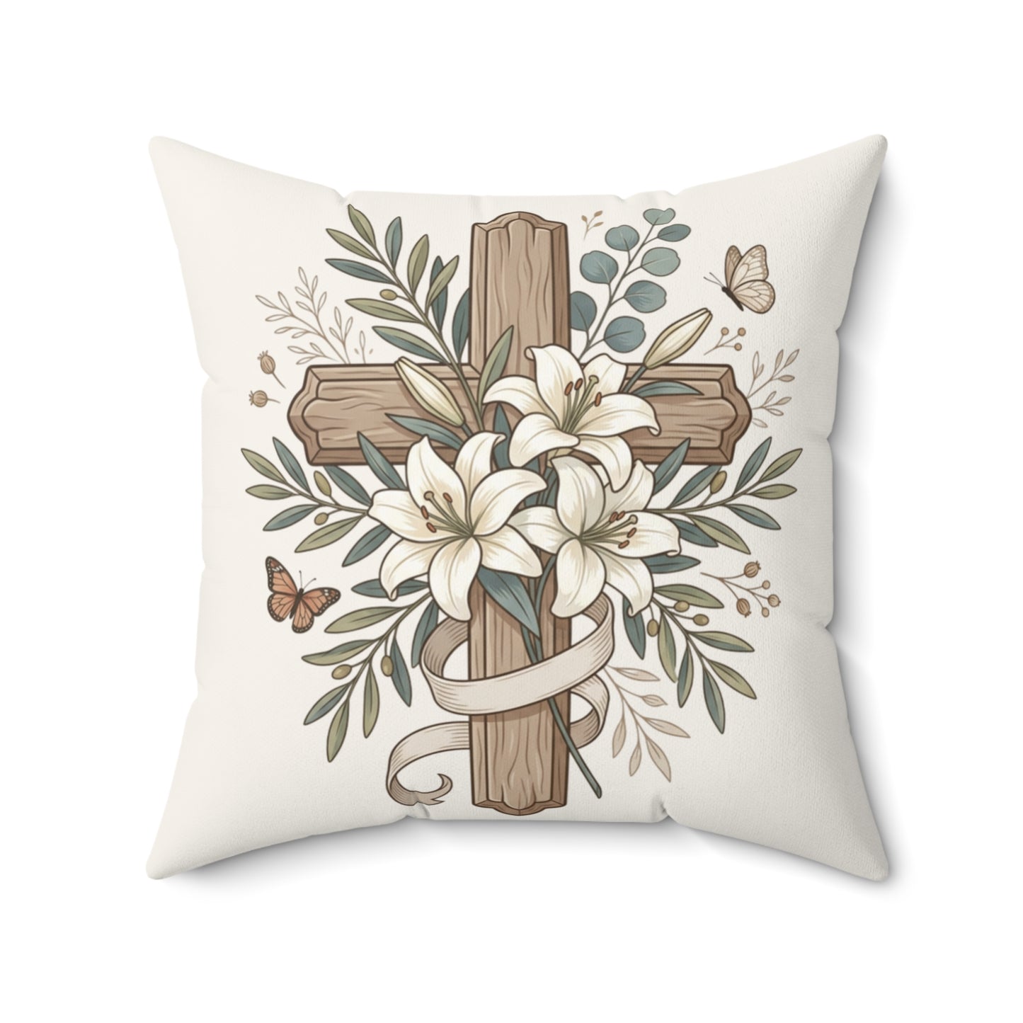 Easter Floral Cross Decorative Pillow — Religious Spring Throw Pillow