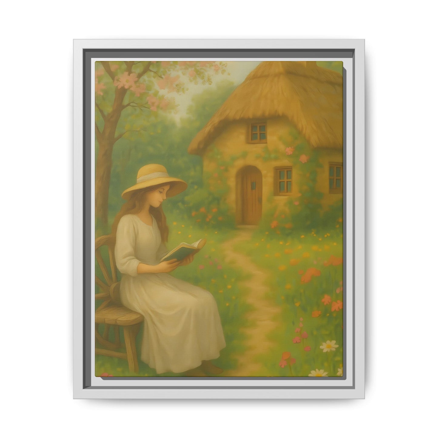 Cottage Garden Reader – Framed Matte Canvas Wall Art of Woman Reading by a Thatched Cottage