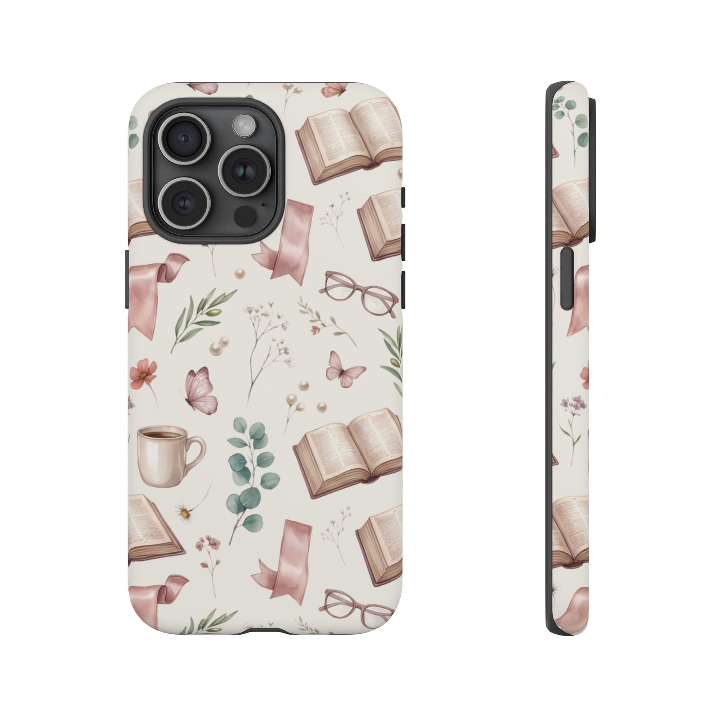 Bookish Floral Phone Case — Cozy Reading Pattern with Open Books, Glasses & Coffee