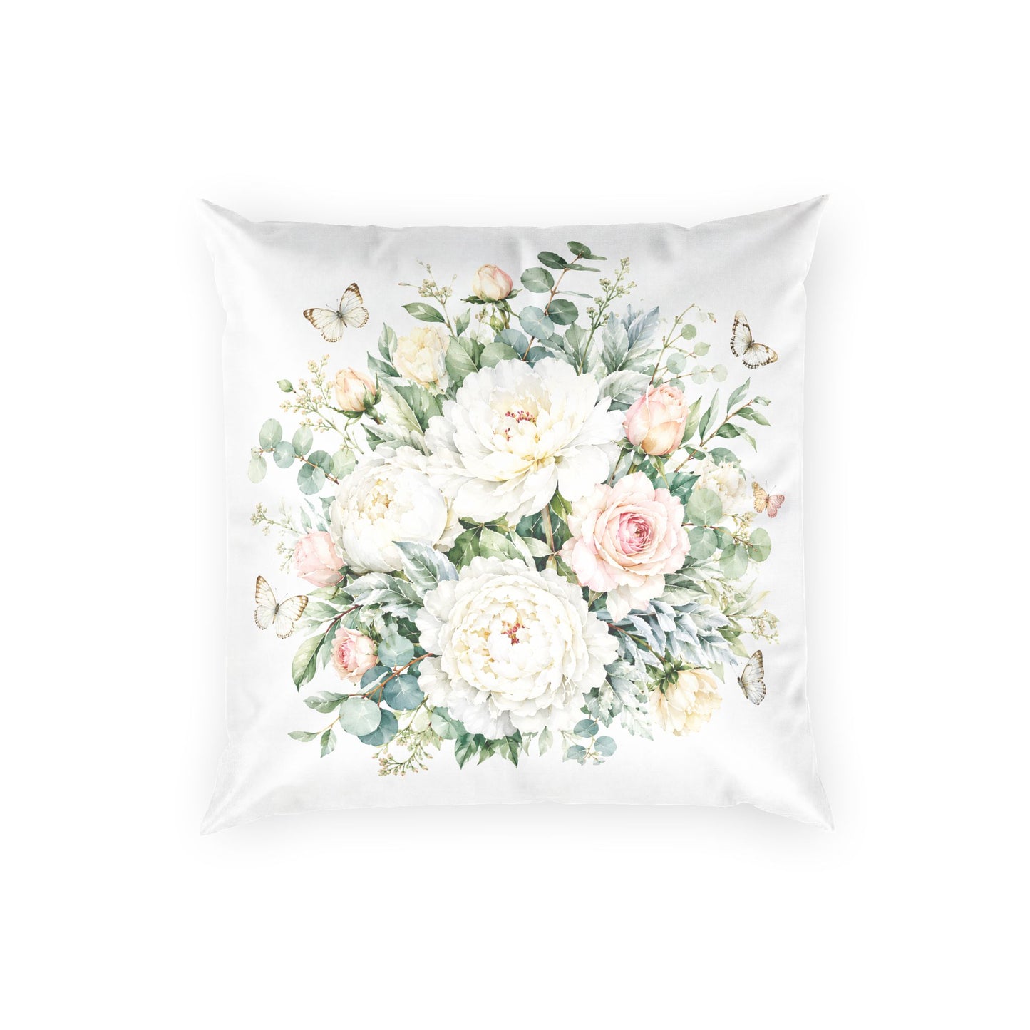 Floral Velvet Pillow — Soft White Peony Bouquet Throw Pillow