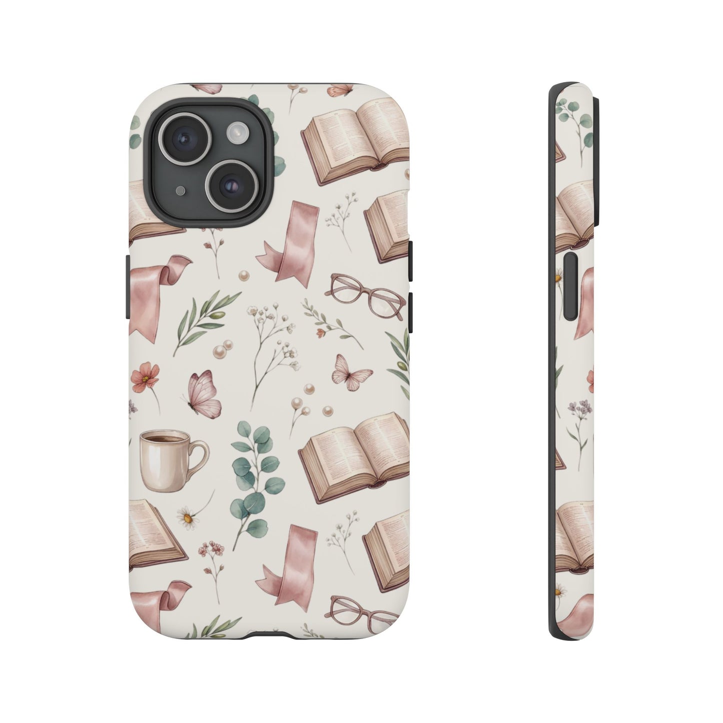 Bookish Floral Phone Case — Cozy Reading Pattern with Open Books, Glasses & Coffee
