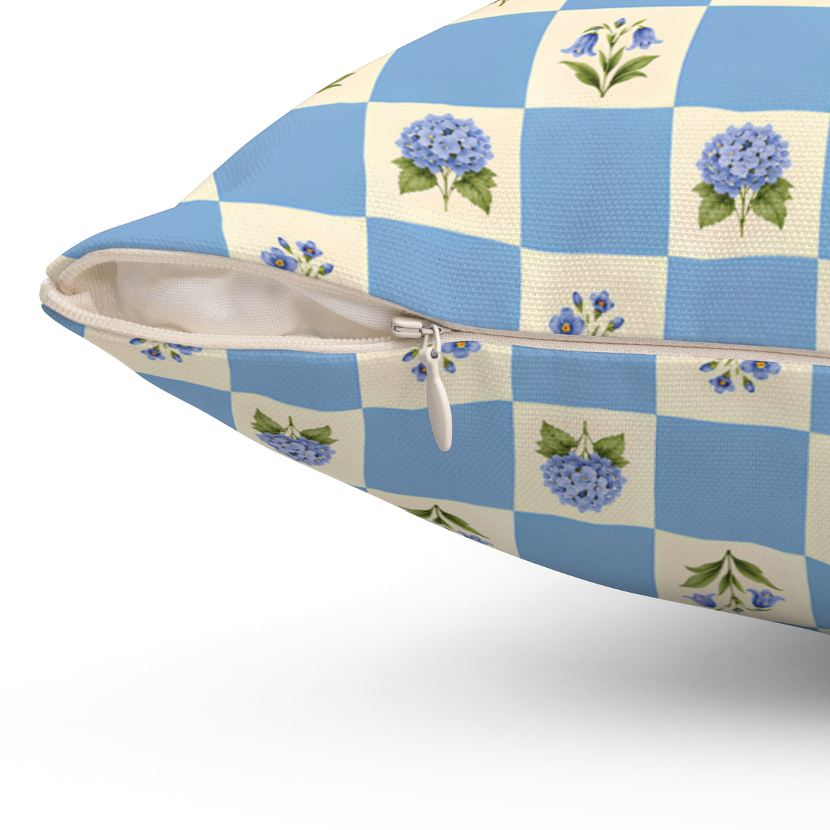 Blue Floral Checkerboard Square Pillow