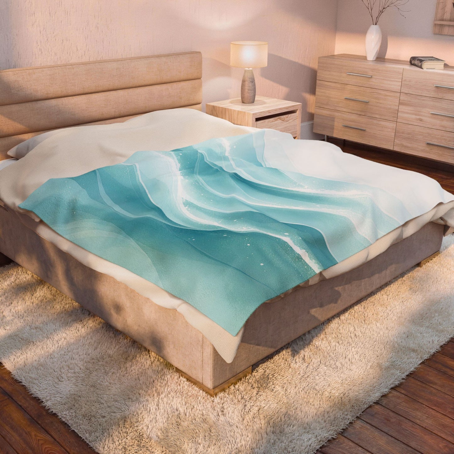Aqua Wave Velveteen Plush Blanket — Soft Ocean Blue Throw for Cozy Bedrooms & Beach House Decor
