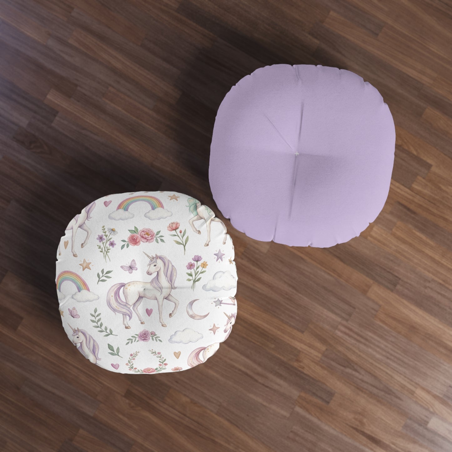Round Tufted Floor Pillow — Pastel Unicorn & Rainbow Kids Cushion