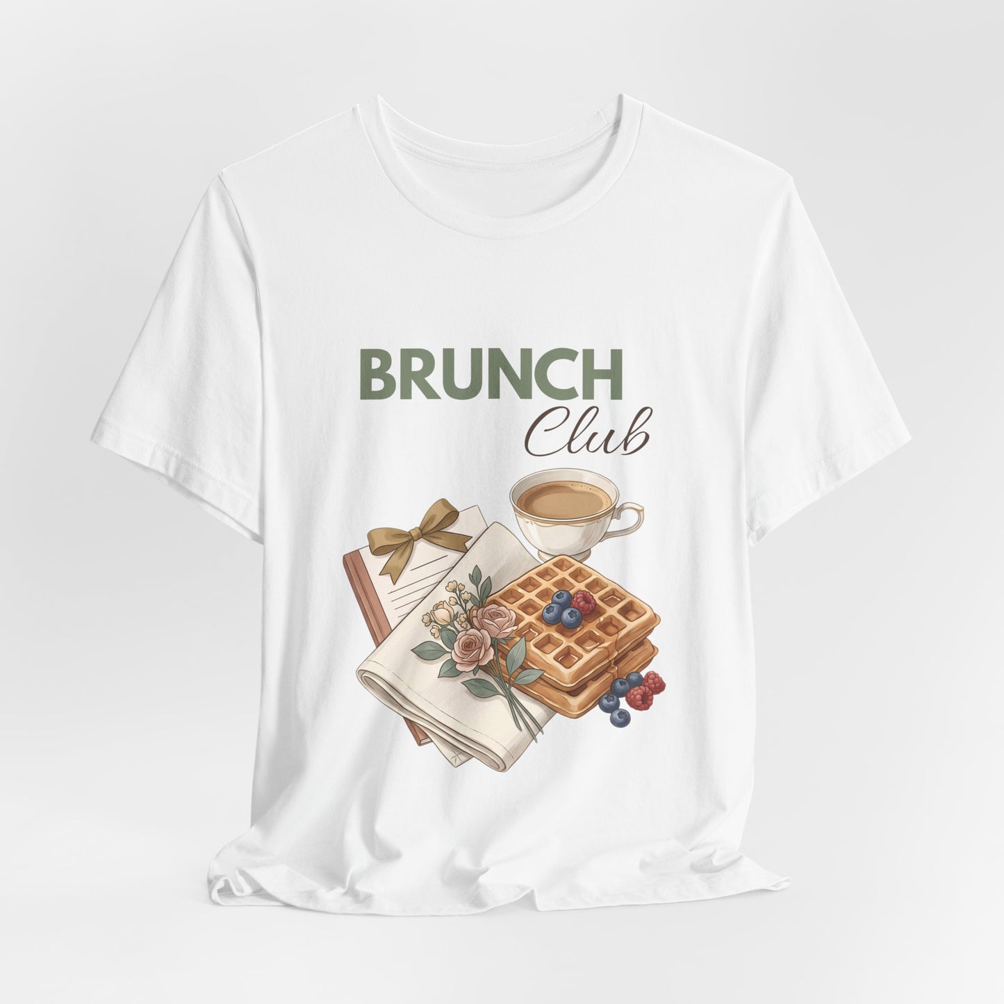 A hanging white t-shirt with 'BRUNCH Club' on the front.