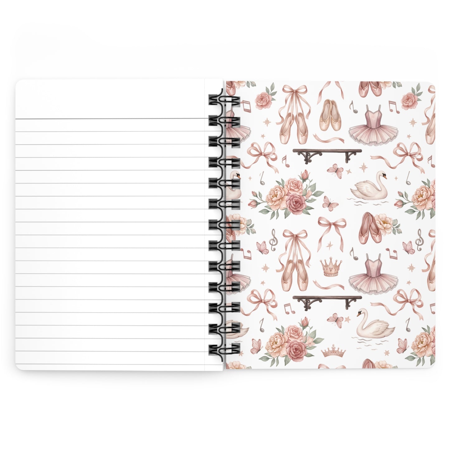 Ballet Dance Spiral Notebook — Cute Pink Tutu, Pointe Shoes & Swan Pattern Journal
