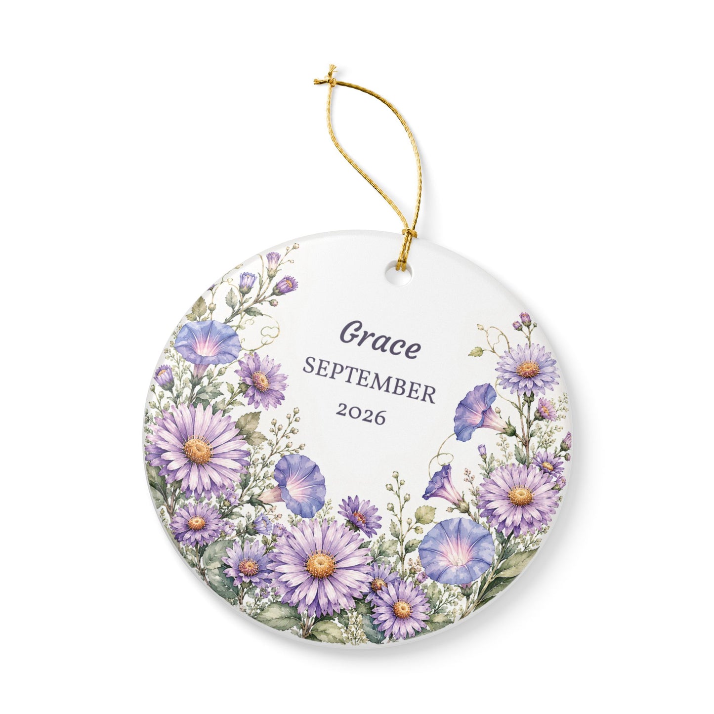 Personalized Ceramic Ornament — Purple Daisy Floral Birth/Memory Keepsake