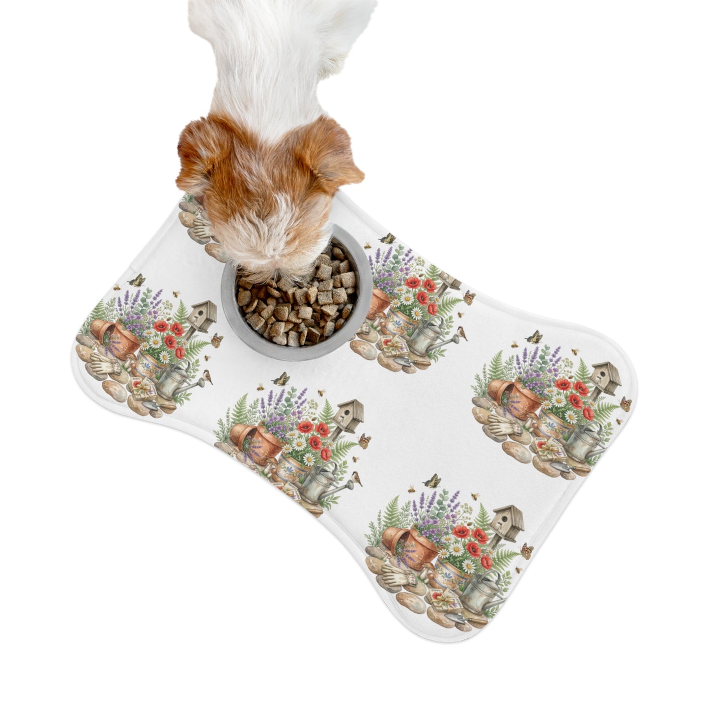 Floral Garden Pet Feeding Mat — Watercolor Birdhouse & Flowers