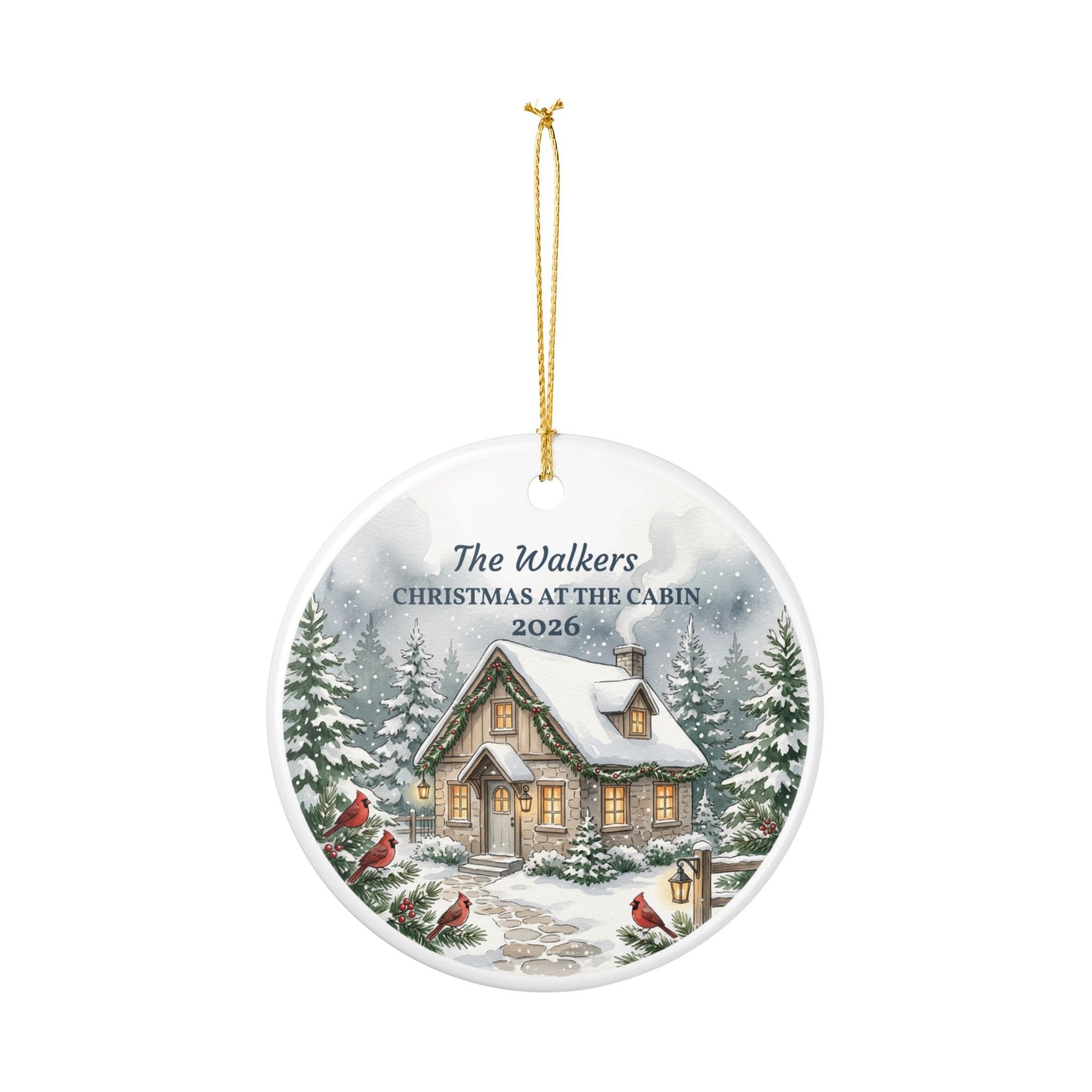Personalized Ceramic Christmas Ornament – 'Christmas at the Cabin' Snowy Cottage (Custom Name & Year)