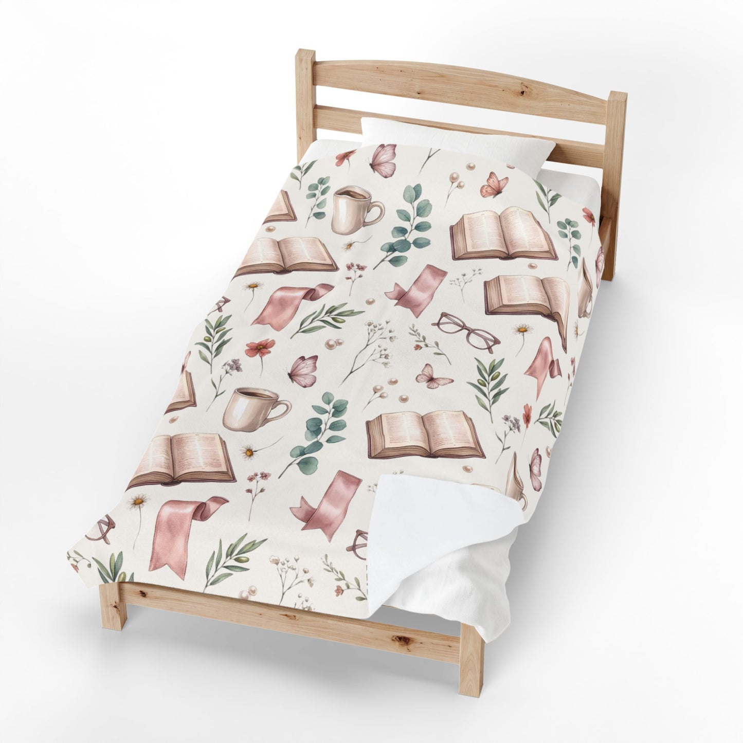 Cozy Reading Velveteen Blanket – Book, Mug & Floral Pattern Plush Throw