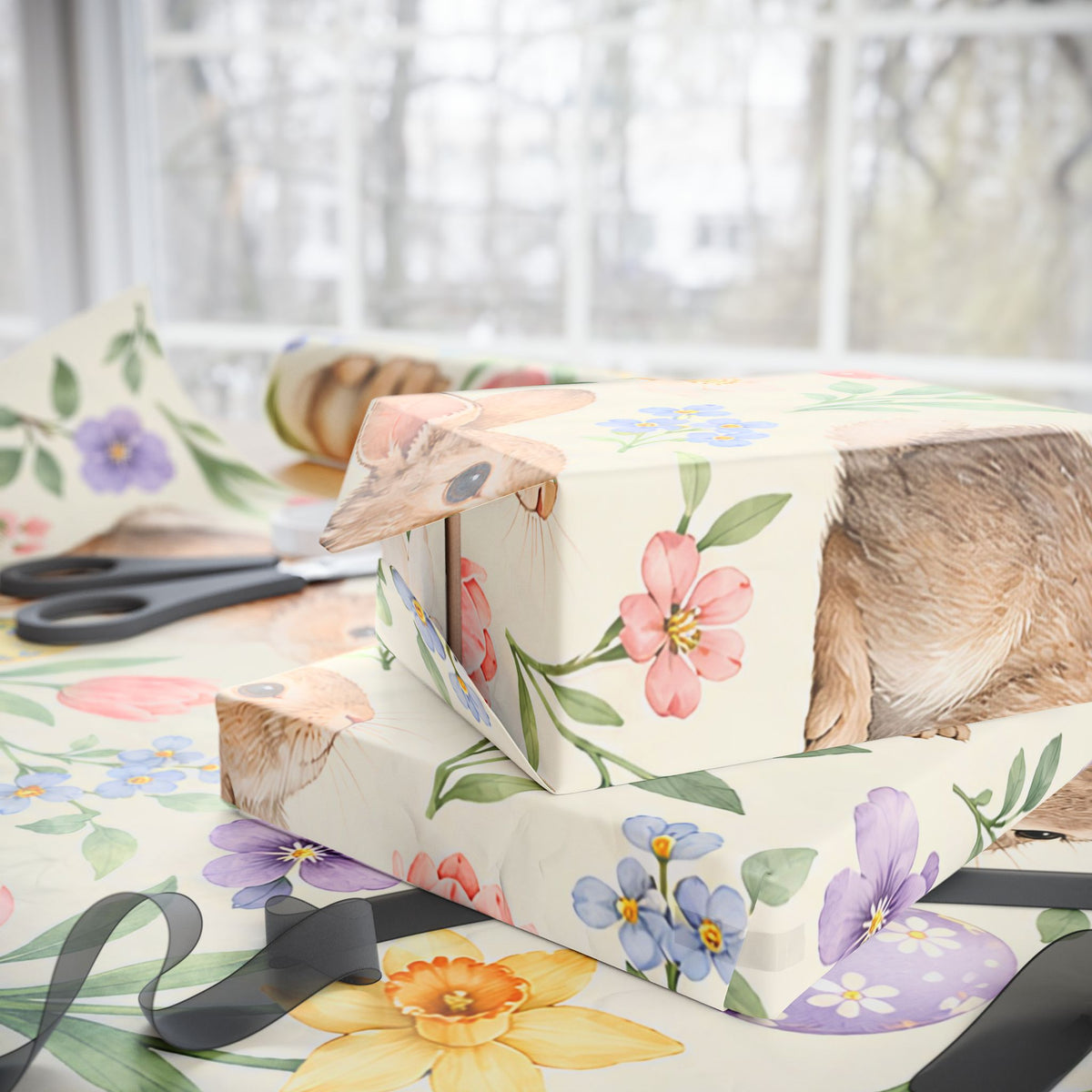 Easter Bunny Floral Wrapping Paper Roll — Pastel Spring Gift Wrap