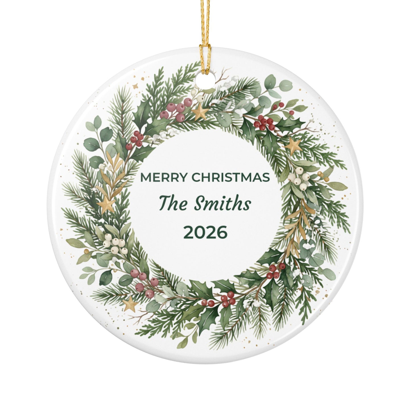 Personalized Ceramic Christmas Ornament – Green Holiday Wreath, 'Merry Christmas The Smiths'