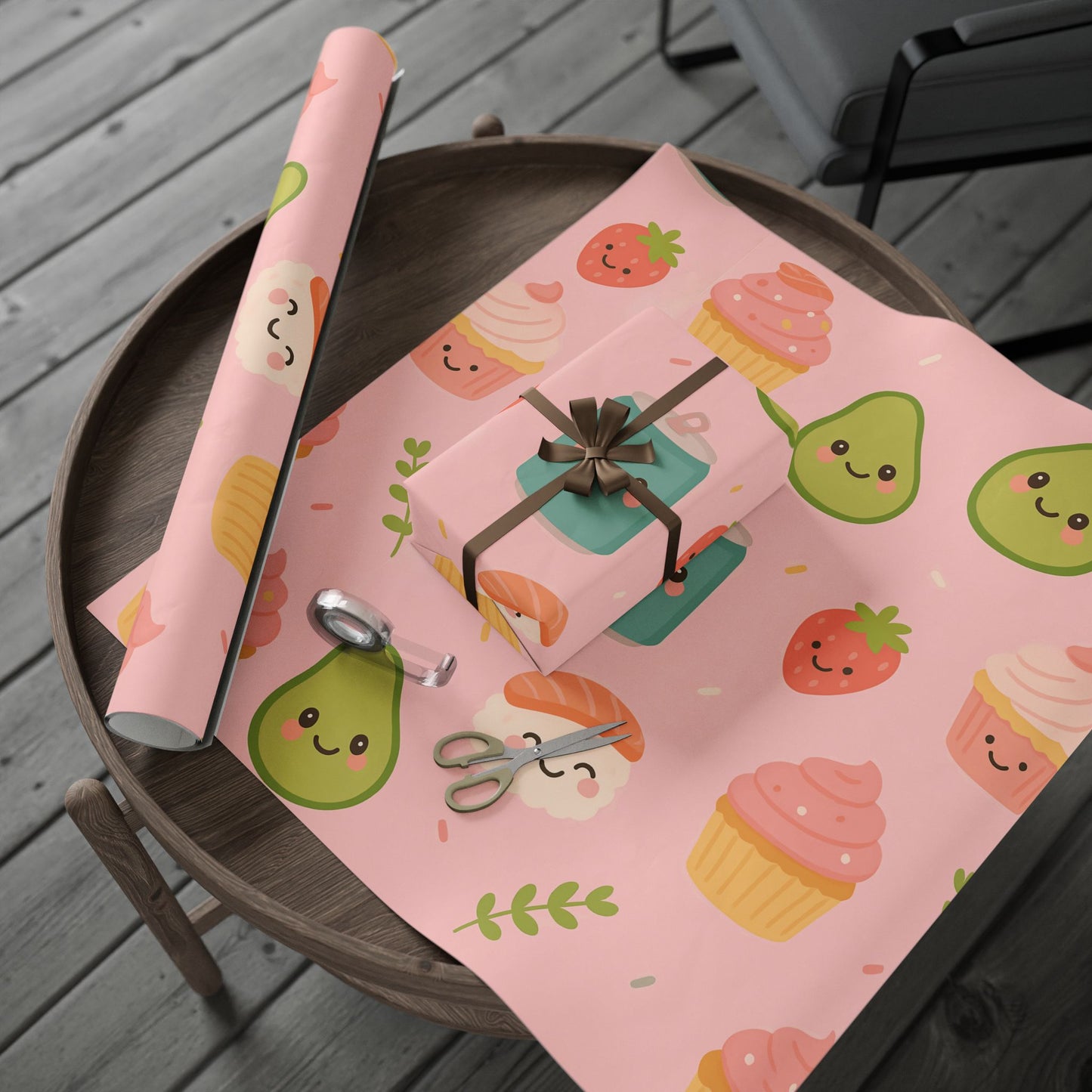 Kawaii Treats Wrapping Paper – Cute Sushi, Cupcakes, Avocados & More on Pink
