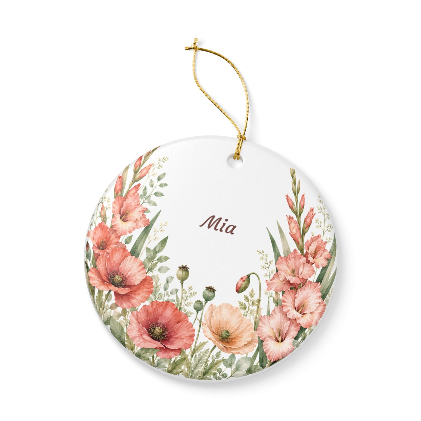 Personalized Floral Ceramic Ornament — Custom Name Poppy & Gladiolus Holiday Decoration