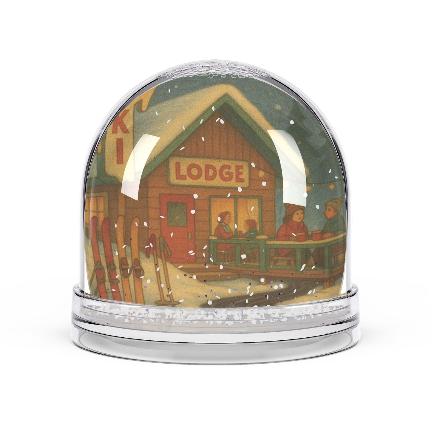 Retro Ski Lodge Snow Globe – Cozy Winter Cabin Scene with Glitter Snow