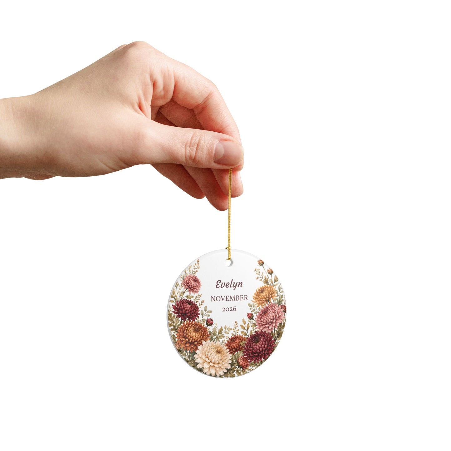 Personalized Ceramic Ornament – Autumn Chrysanthemum Name & Year Keepsake (Custom Name, Month & Year)