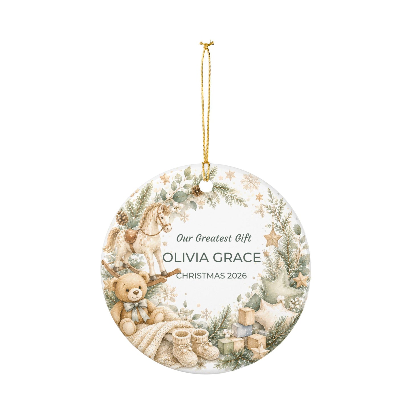 Personalized Baby’s First Christmas Ceramic Ornament — “Our Greatest Gift” Name & Year