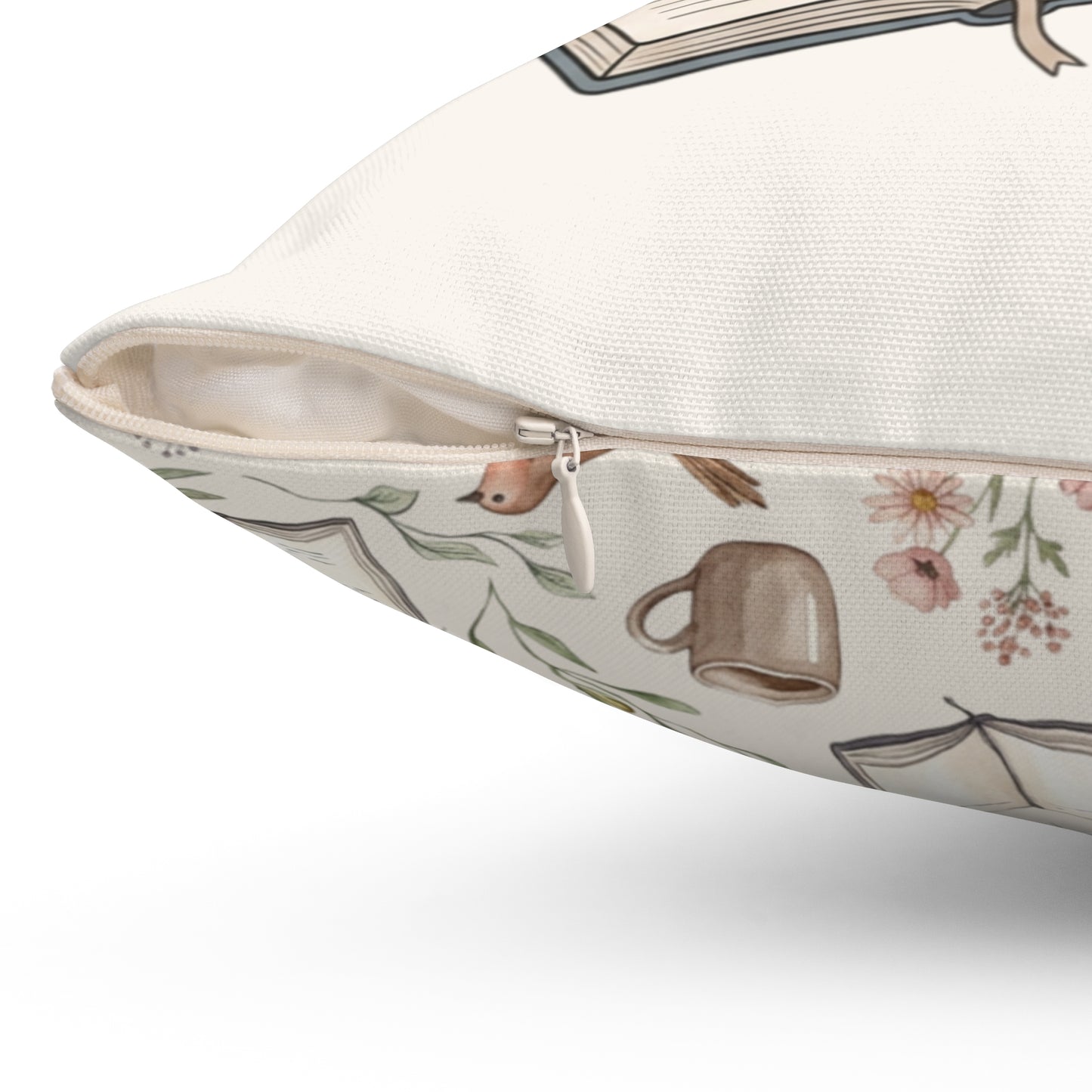 Cozy Book & Coffee Throw Pillow — Mountain Floral Reading Accent