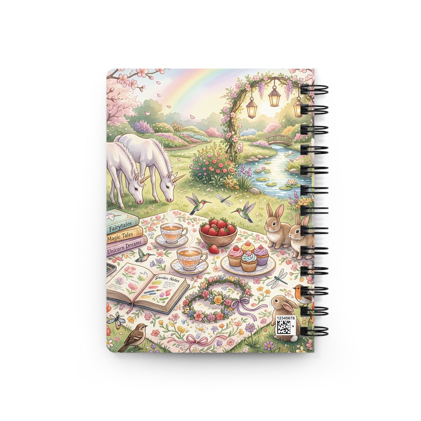 Whimsical Garden Tea Party Spiral Journal — Unicorn Picnic & Rainbow Illustration