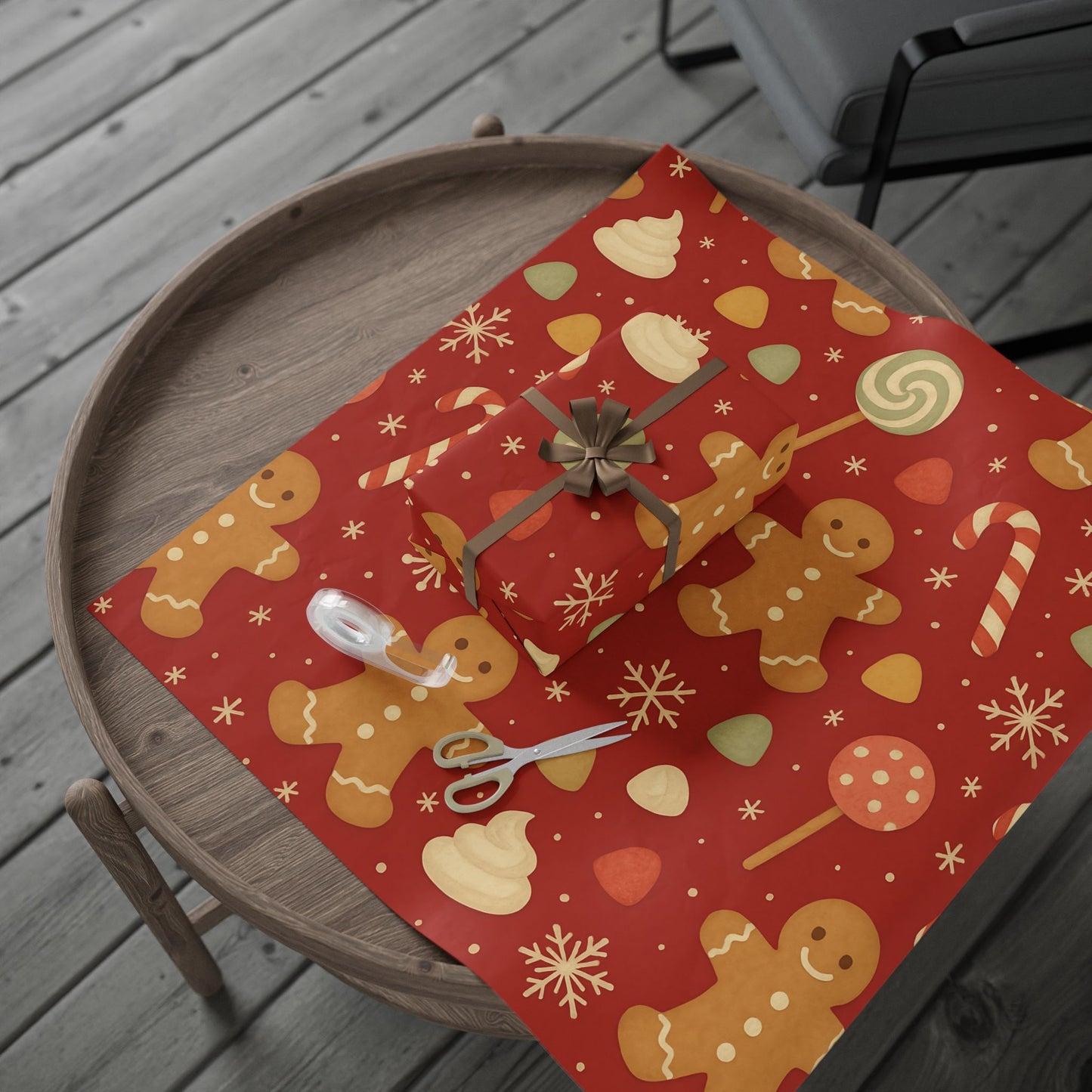 Gingerbread Christmas Wrapping Paper – Candy Canes, Gumdrops & Snowflakes on Red