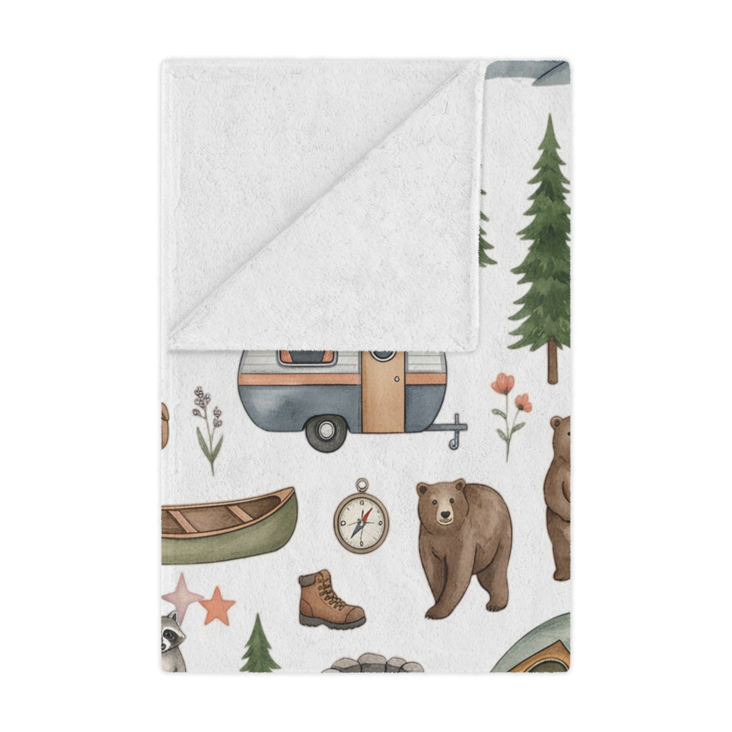 Camping Pattern Minky Blanket — Cozy Outdoor Adventure Throw with Tents, Campfire & Wildlife