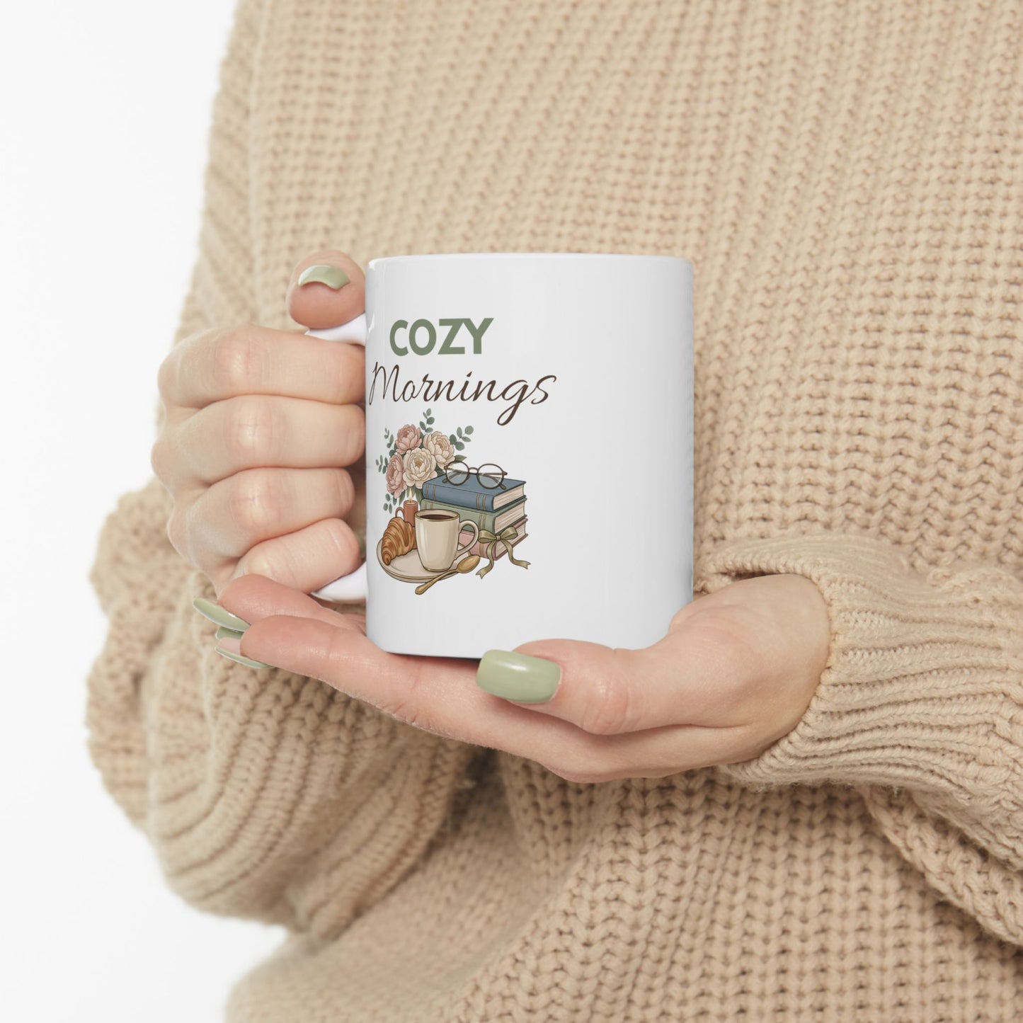 Ceramic Mug - Cozy Morning Coffee Mug with Rustic Floral Illustration