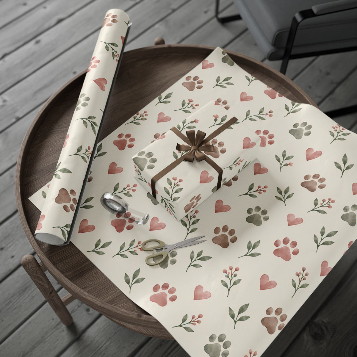 Floral Paw Print Wrapping Paper — Botanical Gift Wrap for Pet Lovers