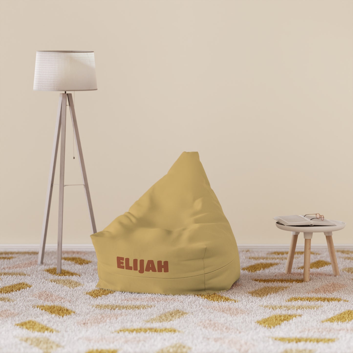 Personalized Kids Bean Bag Cover — Mustard Yellow with Bold Name (Elijah)