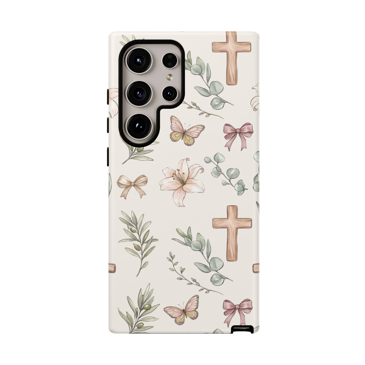 Floral Cross Tough Phone Case — Pastel Butterflies & Bows Christian Design