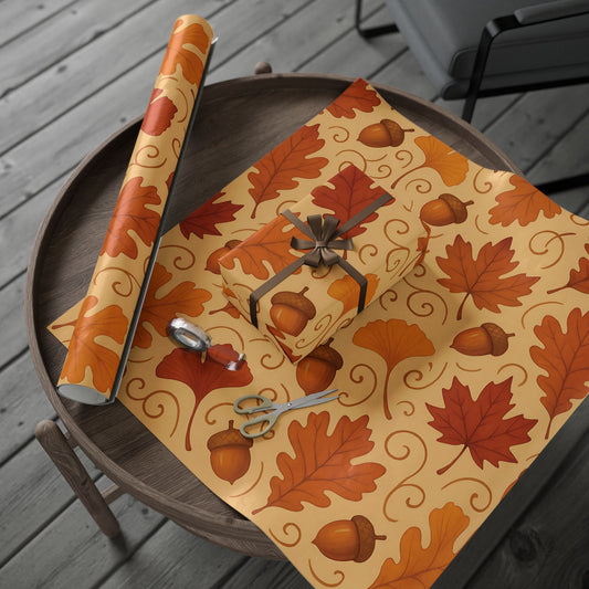 Autumn Leaves & Acorns Wrapping Paper – Fall Foliage Gift Wrap in Warm Earth Tones
