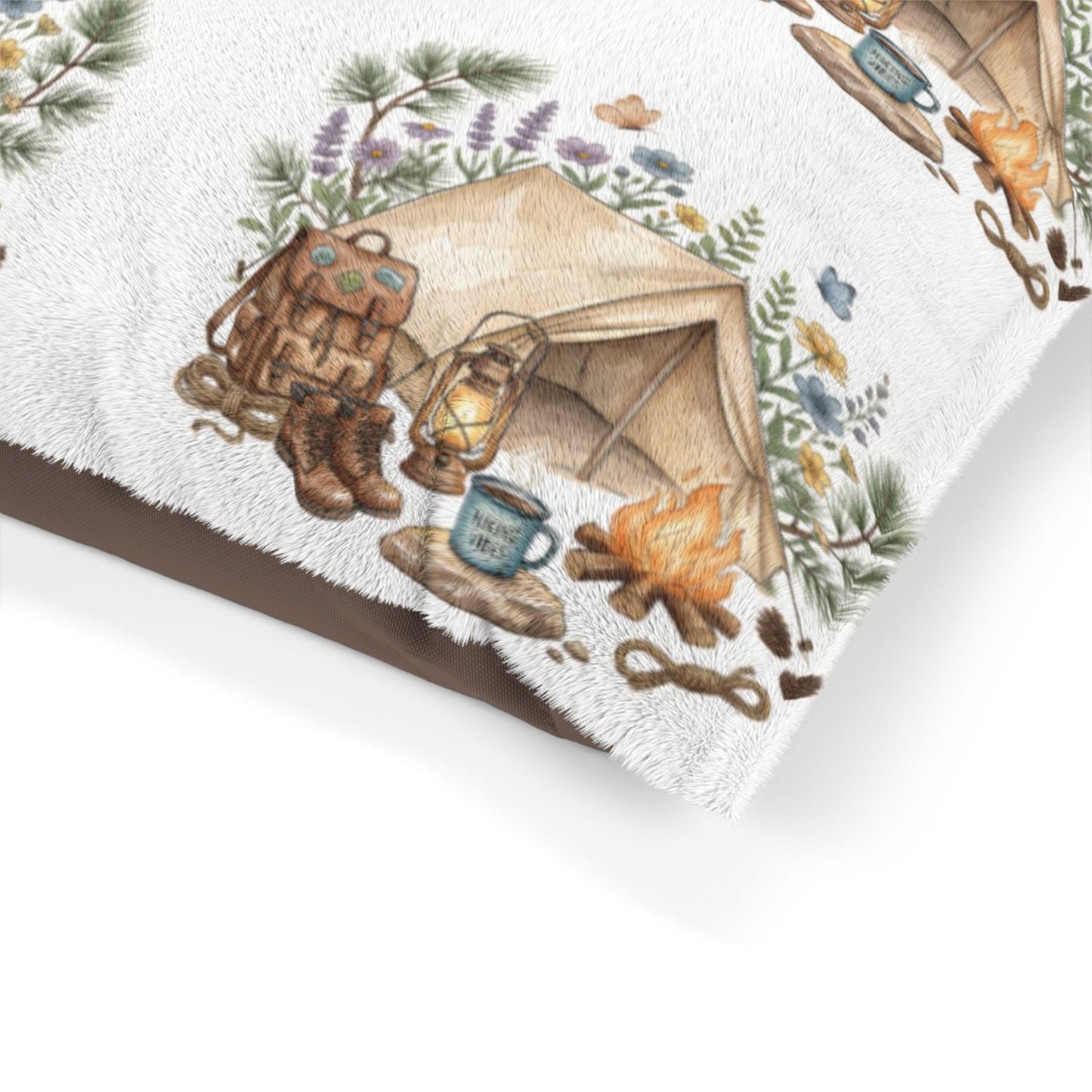 Cozy Camping Pet Bed — Watercolor Tent & Paw Print Pattern