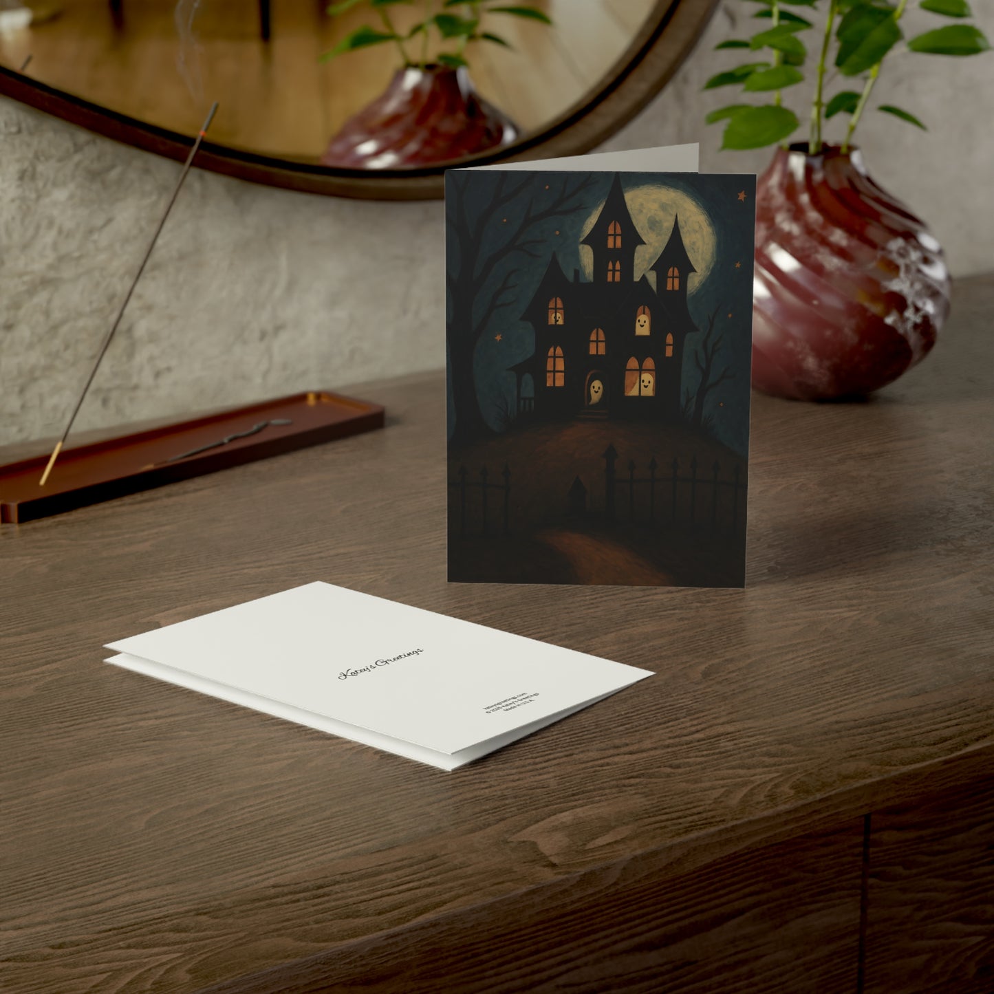 Halloween Card – Haunted House & Friendly Ghosts Under Full Moon – Premium 270gsm Greeting Card + Envelope