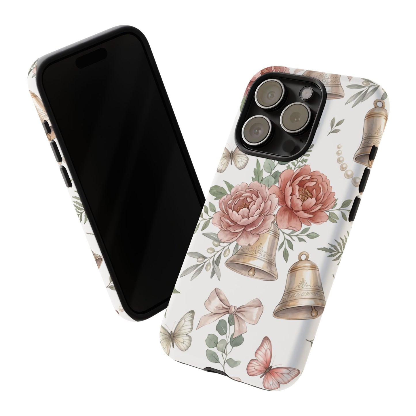 Floral Wedding Bells Phone Case — Vintage Roses, Butterflies & Bow Protective Tough Case