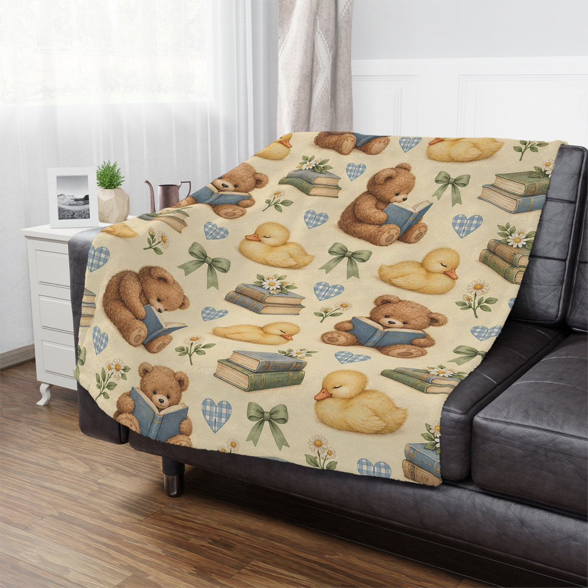 Cute Teddy Bear and Duckling Storytime Minky Blanket
