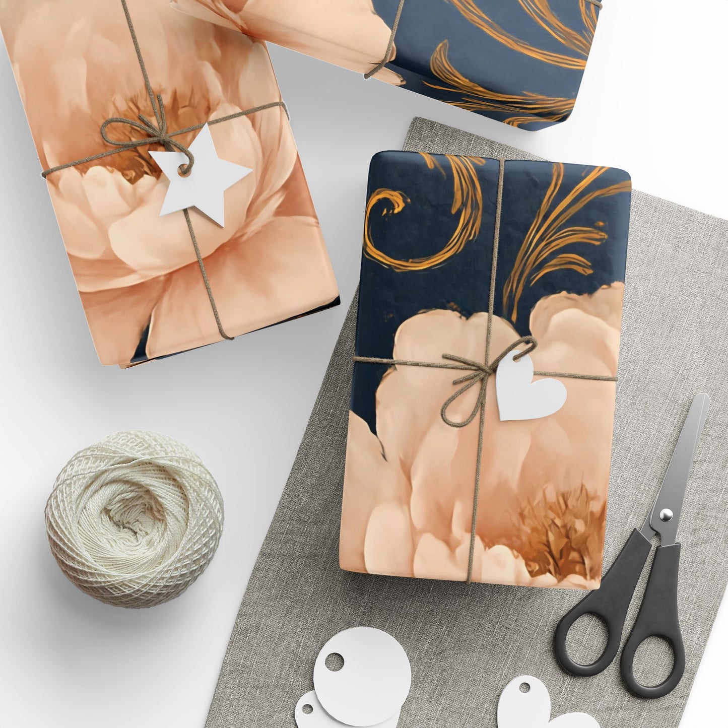 Blush Peony & Gold Scroll Wrapping Paper – Elegant Floral Gift Wrap in Glossy or Matte Finish