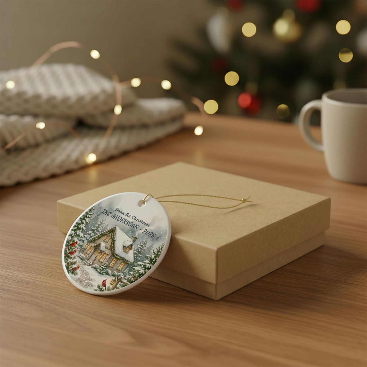 Personalized Ceramic Christmas Ornament - 'Home for Christmas' Snowy Cottage, Family Name & Year