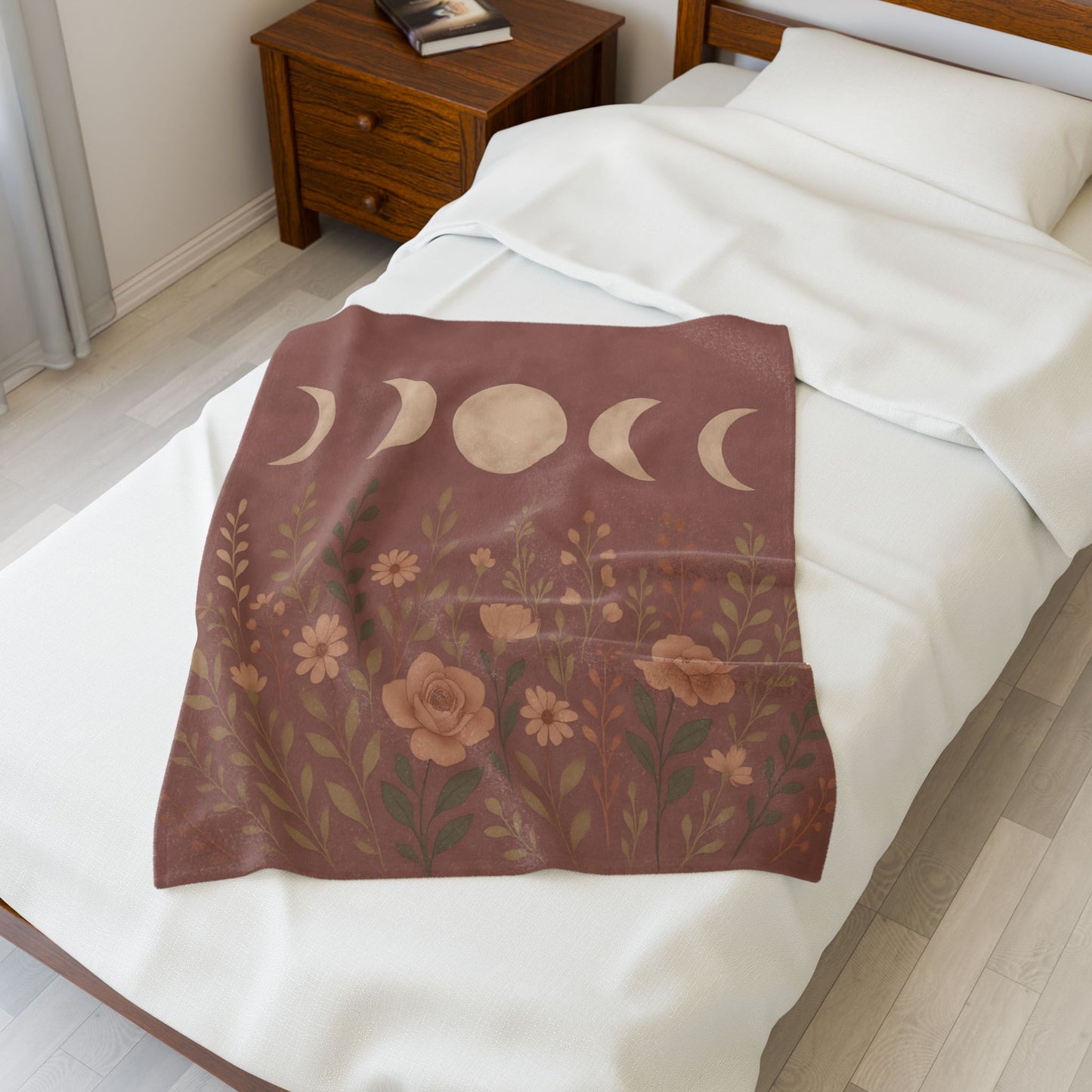 Moon Phases & Wildflowers Velveteen Plush Blanket – Boho Floral Throw for Cozy Nights