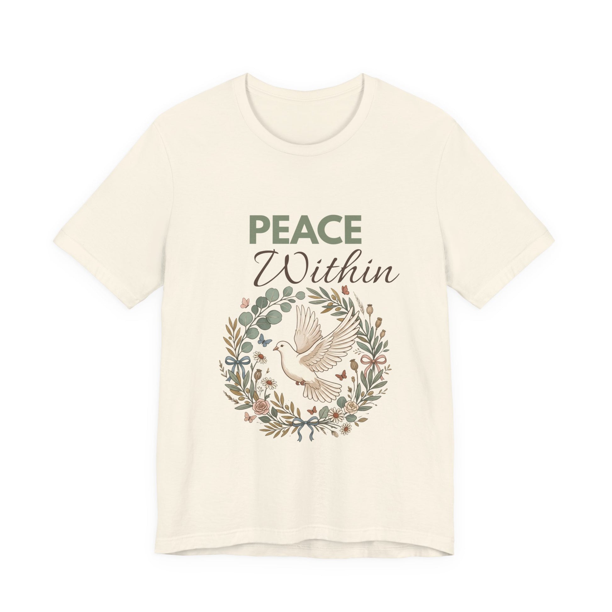 Natural colored t-shirt with 'Peace Within' text and dove design on a white background
