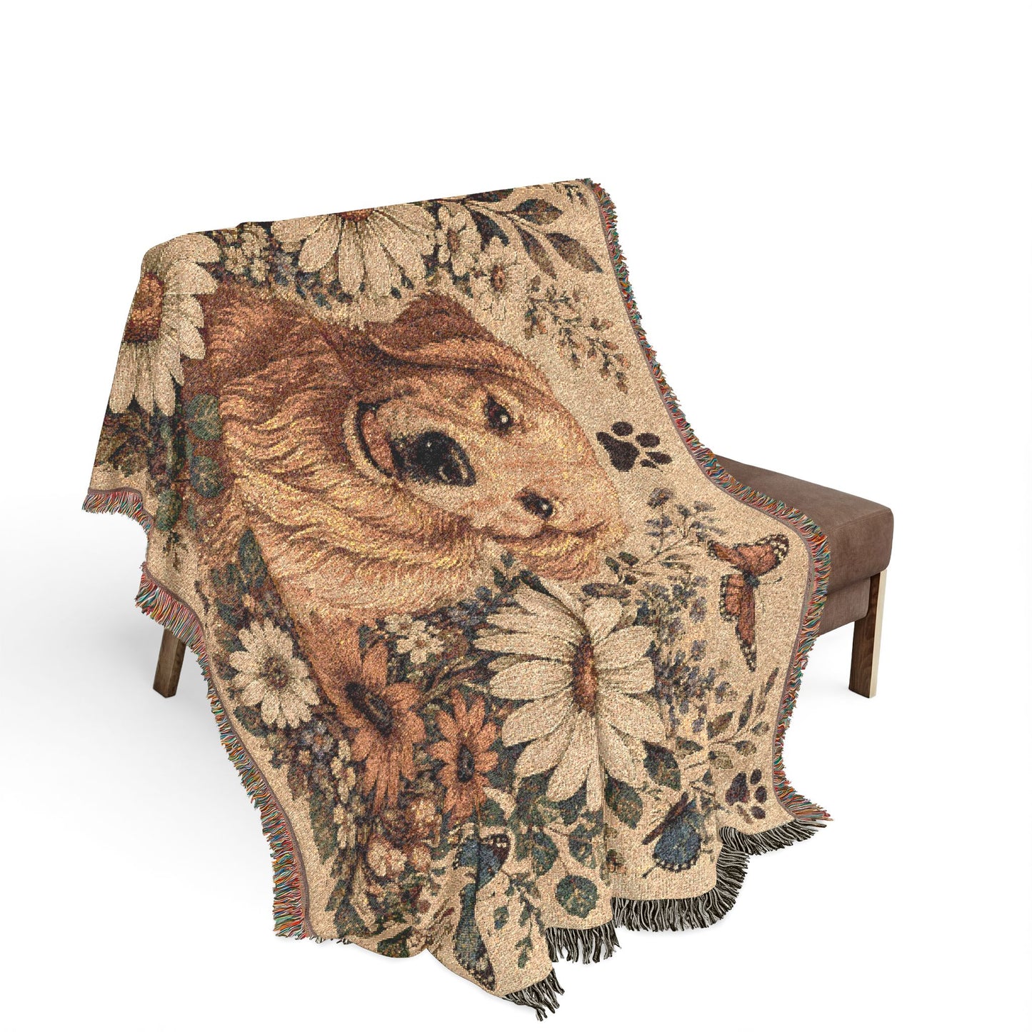 Golden Retriever Floral Woven Blanket — Cozy Throw with Daisies & Butterflies