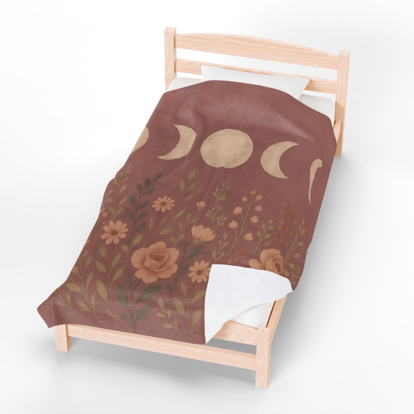 Moon Phases & Wildflowers Velveteen Plush Blanket – Boho Floral Throw for Cozy Nights