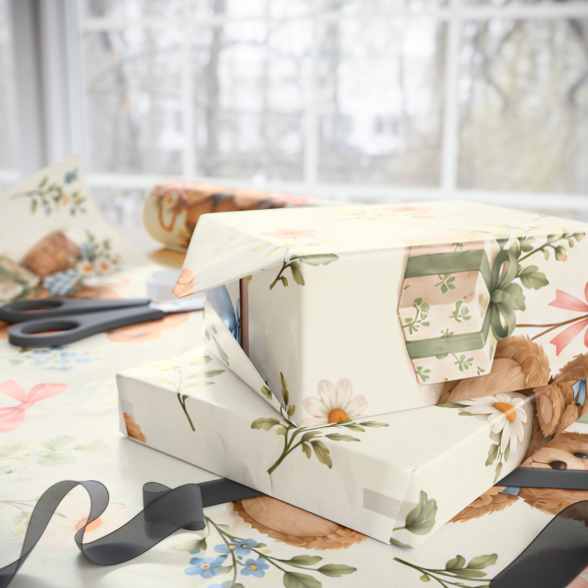 Teddy Bear Floral Wrapping Paper Roll — Vintage Baby Shower & Newborn Gift Wrap