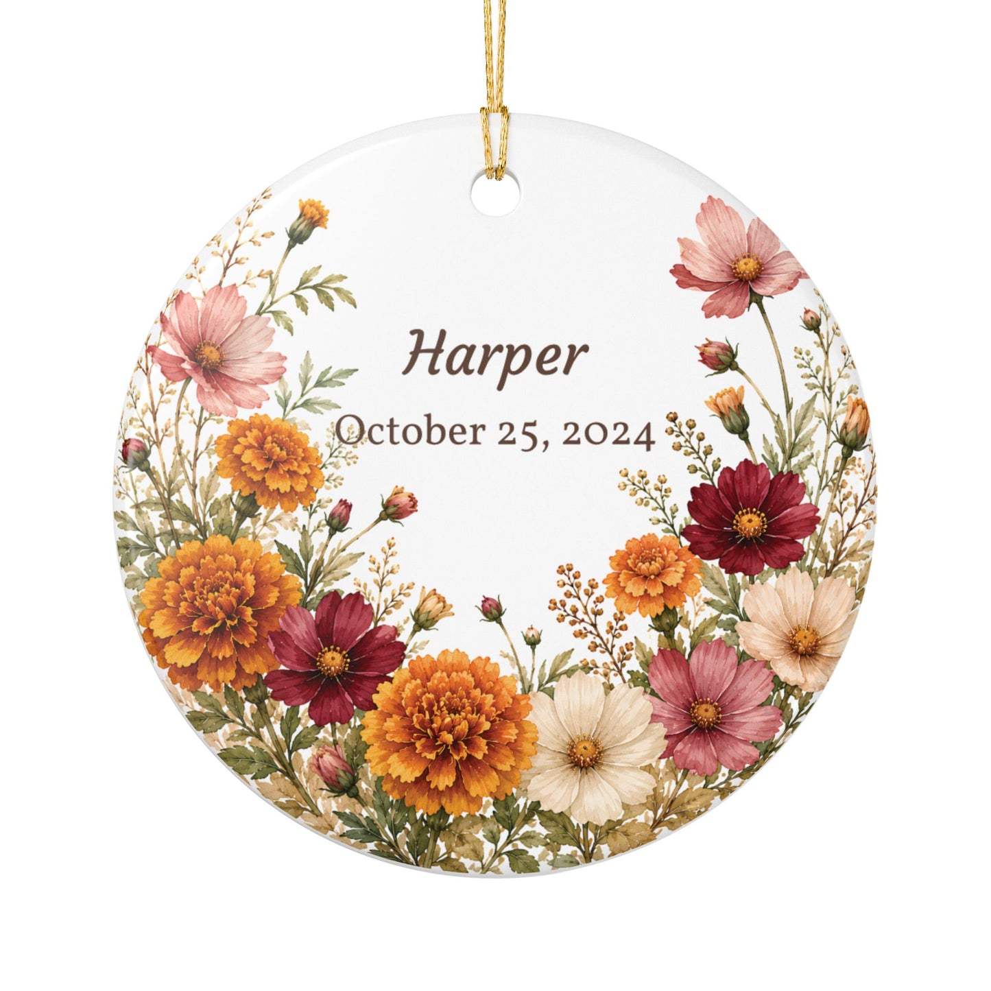 Personalized Floral Name Ceramic Ornament — Custom Name & Date Keepsake